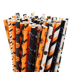 Halloween Paper Straws Variety Pack, Halloween Icon Paper Straws, Set of 24 Disposable Party Drinking Straw, Halloween Party Supplies