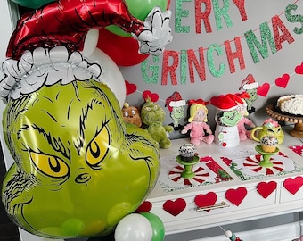 Giant Grinch Balloon (29 Inches), Dr. Seuss's The Grinch with Santa Hat, Red and Green Christmas Balloons, Merry Grinchmas, Holiday Decor