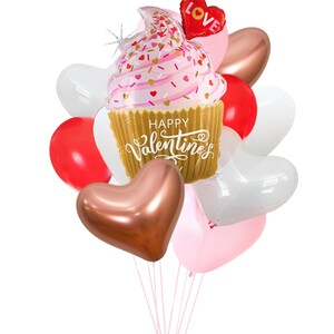 Valentine&#39;s Cupcake Heart Balloon Bouquet Kit (11 Pack), Valentine&#39;s Balloon Bouquet Kit, Cupcake Balloon, Red, Pink, White Heart Balloons