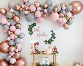 Pink, Gray, and Rose Gold Balloon Arch Kit, Pink Bridal Shower Balloons, 1st Birthday, Baby Shower Balloon Garland, Sweet 16 Party Decor