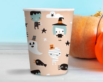 Pastel Halloween Paper Cups, Cute Monster Icons (Set of 8)