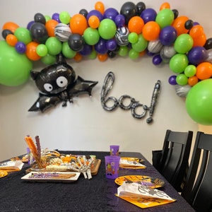 Halloween Witches & Monsters Balloon Arch Kit, Purple, Green, Orange, and Black Marble Balloons, Halloween Backdrop Balloon Garland Kit