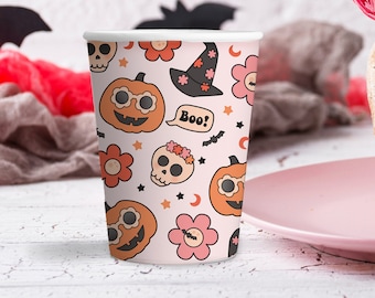 Groovy Halloween Paper Cups (Set of 8), Light Pink Halloween Cups With Halloween Icons, Skull Pumpkin Flowers, Halloween Tableware ON SALE