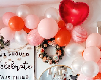 Pink and Red Marble Valentine's Day Balloon Arch Kit, Galentine's Pastel Pink & Red Valentine's Day Party Decor, Hearts Balloon Garland Kit