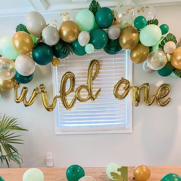 Kit arco di palloncini Wild One, kit ghirlanda di palloncini fai da te a tema giungla PREMIUM, 1° compleanno, due elementi selvatici, verde e oro, baby shower a tema bosco
