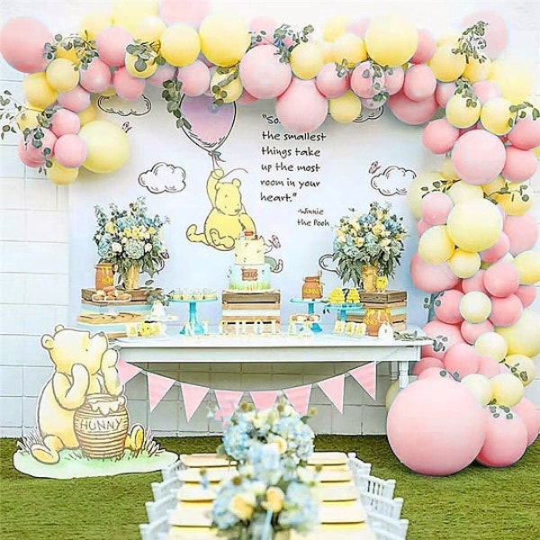 Classic Pooh Pastel Pink and Yellow Baby Shower Balloon Arch Kit, Girl's Winnie the Pooh Bear 1st Birthday, First Bee Day Balloon Garland