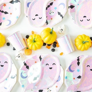 Iridescent Ghost Halloween Plates, Pink Party Decor, Set of 8