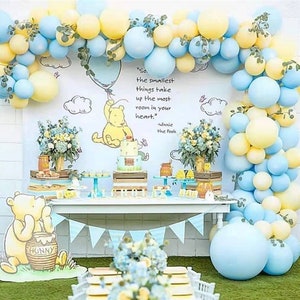 Classic Pooh Balloon Arch Kit BUNDLE, Winnie the Pooh Bear Backdrop Set, Pastel Blue & Yellow Baby Shower First Birthday Balloon Garland image 1