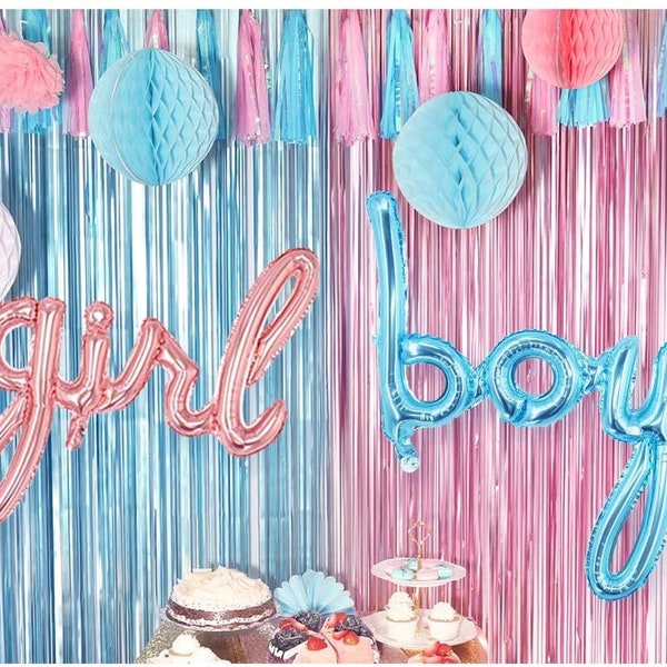 Gender Reveal Balloon Fringe Curtain Backdrop Set, Boy and Girl Balloons, Blue and Pink Curtain Background, Gender Reveal Party Decorations