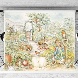 Sfondo Peter Rabbit (5x7 piedi), sfondo pastello per baby shower pasquale nel bosco, tema giardino, sfondo per il primo compleanno, decorazioni per feste