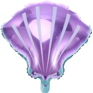 May include: A purple and white seashell shaped foil balloon. The balloon has a shiny finish and is perfect for a beach themed party.