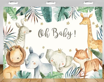 Oh Baby Jungle Baby Shower Backdrop (5x7 Feet), Safari Baby Shower Vinyl Backdrop, Cute Safari Animals Green Palm Leaves, Baby Shower Decor