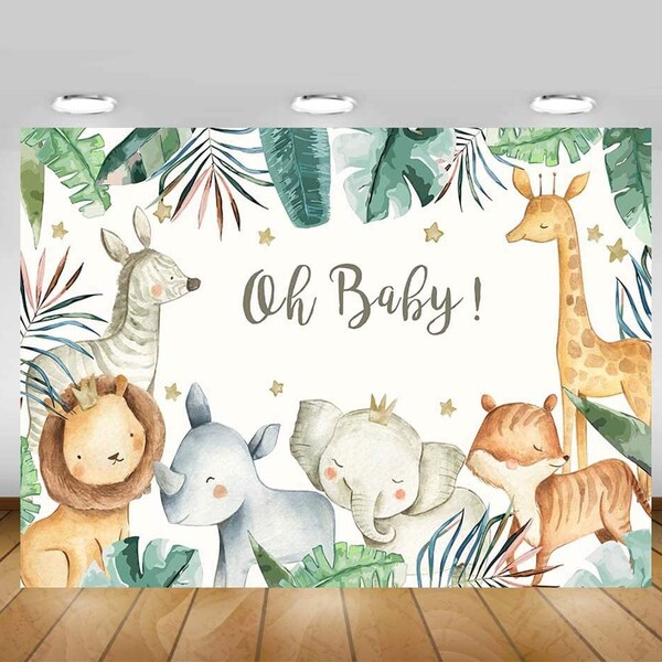 Sfondo per baby shower a tema giungla, animali della savana e foglie di palma verdi (152 x 213 cm)