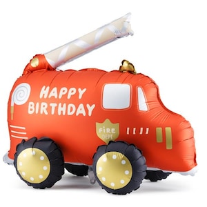 Può includere: Pallone a forma di camion dei pompieri rosso e oro con le parole "Happy Birthday" stampate sul lato. Il pallone ha un tubo bianco attaccato alla parte superiore.