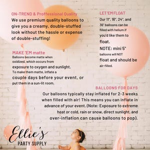 May include: Three large round balloons in shades of peach and orange, each with a pink tassel tail. Text on the image provides information about balloon quality, inflation, and sizing, including 5-inch, 11-inch, 16-inch, 24-inch, and 36-inch options.
