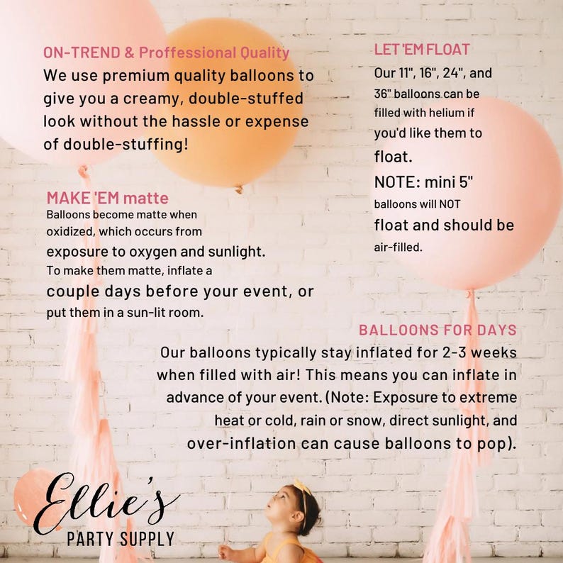 May include: Three large round balloons in shades of peach and orange, each with a pink tassel tail. Text on the image provides information about balloon quality, inflation, and sizing, including 5-inch, 11-inch, 16-inch, 24-inch, and 36-inch options.