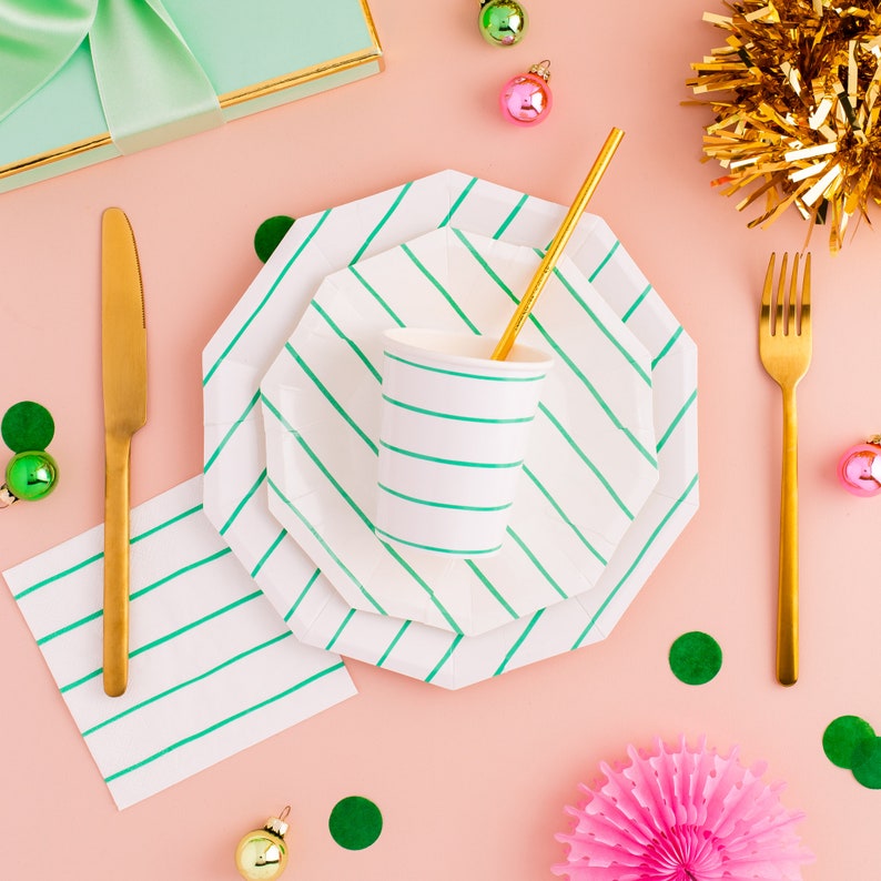 Aqua Green Striped Paper Napkins - Thumbnail 4