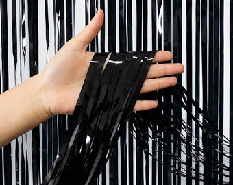 Black Fringe Curtain Backdrop (2mx1m), Black Streamer Curtains, Metallic Tinsel Foil Fringe, Black Party Decorations, Backdrop Prop