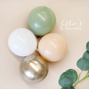 May include: Four balloons in a neutral color palette: sage green, white, beige, and gold. The balloons are arranged in a cluster on a light brown background.  Ellie's Party Supply is printed in white text on the background.