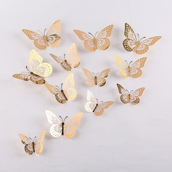 3D Butterfly Decor (3 & 4 In.), 12 Metallic Gold, Silver, Or Rose Gold Butterfly Decor, Balloon Garland Butterflies, Wall Decor Butterflies