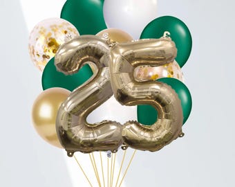 Emerald Green Graduation 2025 Balloon Bouquet, Grad Balloon Pack with 10 Balloons, Green and Gold School Colors Graduation Party Decorations