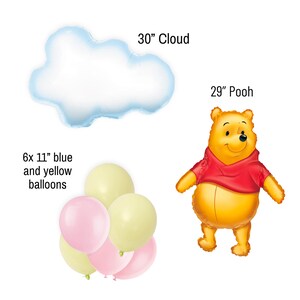 May include: A Winnie the Pooh balloon, a blue and yellow balloon bouquet, and a cloud balloon. The Winnie the Pooh balloon is 29 inches tall and the cloud balloon is 30 inches wide.