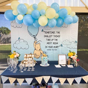 Classic Pooh Balloon Arch Kit BUNDLE, Winnie the Pooh Bear Backdrop Set, Pastel Blue & Yellow Baby Shower First Birthday Balloon Garland image 6