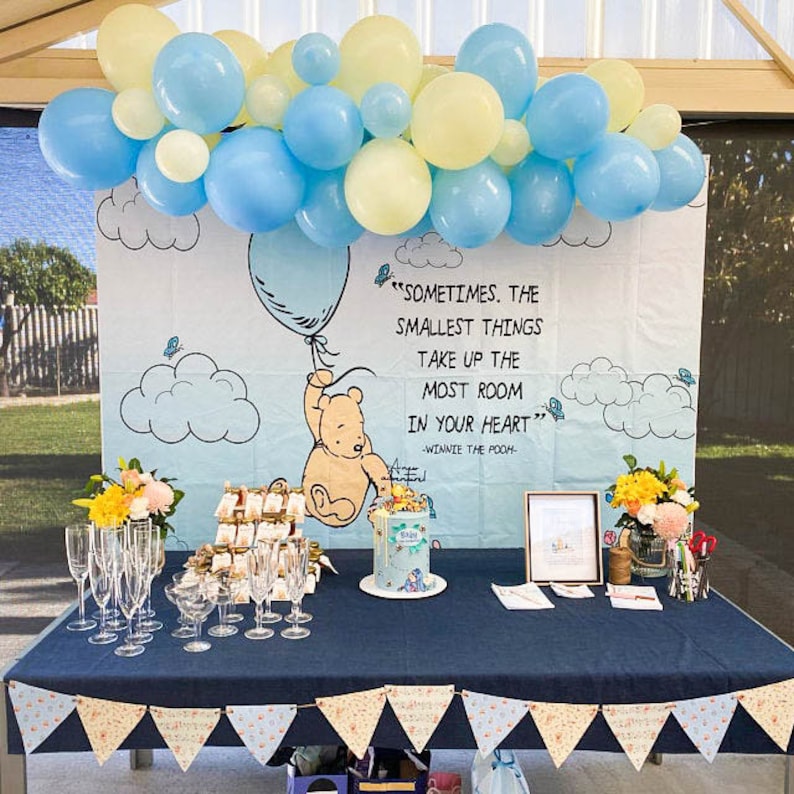 Classic Pooh Balloon Arch Kit BUNDLE, Winnie the Pooh Bear Backdrop Set, Pastel Blue & Yellow Baby Shower First Birthday Balloon Garland image 6