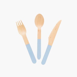 May include: A set of three wooden utensils with light blue painted tips. The set includes a fork, spoon, and knife.