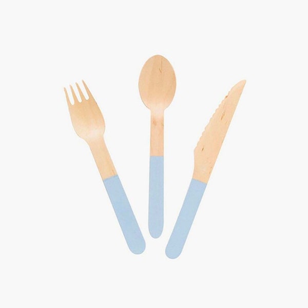 Pastel Blue Wooden Utensils (24 cm long), Set of 24 Light Blue Cutlery, Blue Tableware, Gender Reveal, Spring Shower Party Supplies