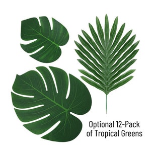 Op de afbeelding: Drie groene tropische bladeren, waaronder twee monstera bladeren en een palmblad. Optioneel 12-pack tropische bladeren.