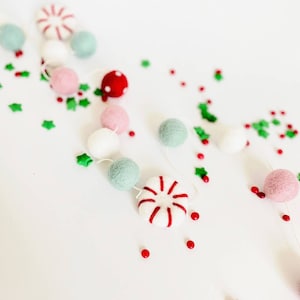 Peppermint Christmas Felt Ball Garland in Red (5-Foot), Pastel Pink and Teal, Christmas Mantel and Tree Wool Pom Pom Garland, Felt Bunting