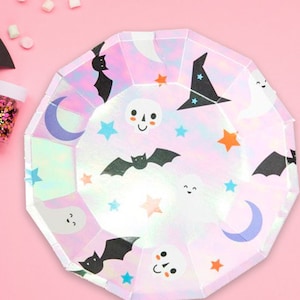 Cute Halloween Icon Paper Plates, Set of 8 Iridescent Pink Halloween Plates, Pink Holographic Halloween Icon Tableware, Halloween Decor