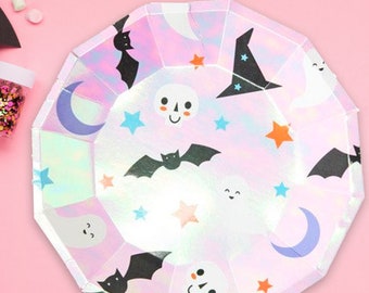 Iridescent Halloween Party Plates, Pink Holographic Icons, Set of 8