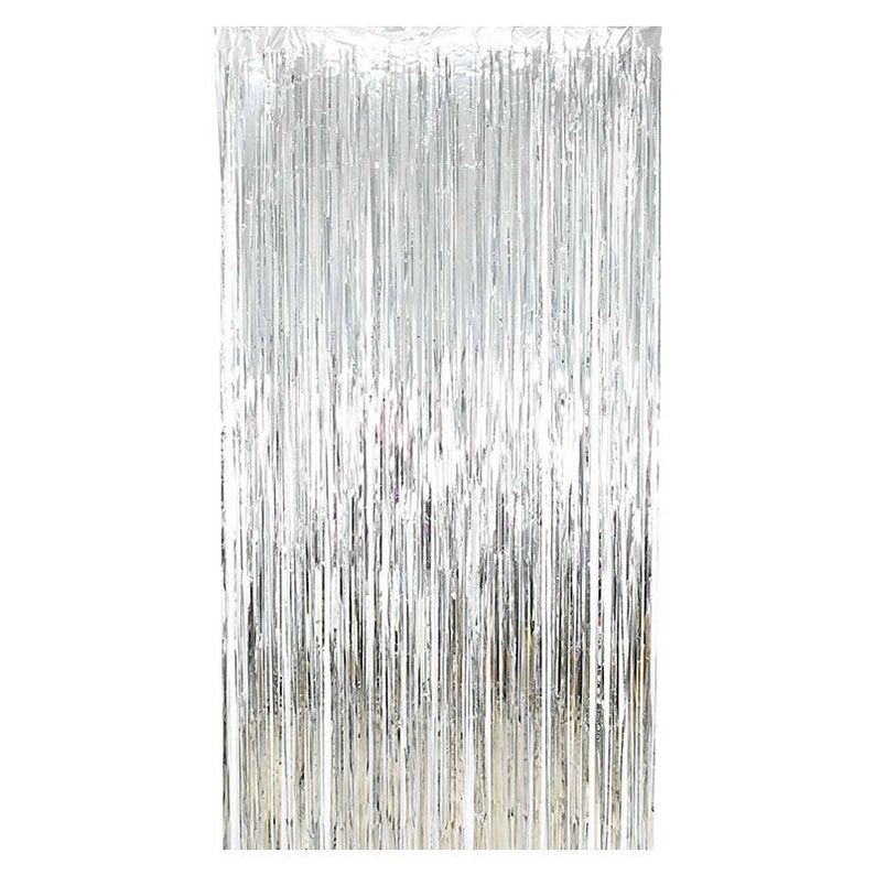 May include: Silver tinsel curtain for party decorations. The curtain is made of many thin strips of silver foil.