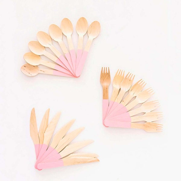 Pastel Pink Wooden Utensils (24 cm), Set of Pink Wooden Cutlery, Pastel Pink Tableware, Gender Reveal, Spring Shower Party Supplies