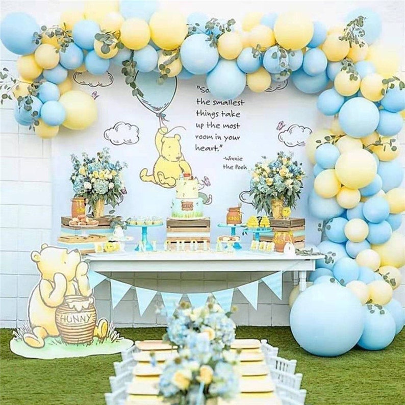 Classic Pooh Pastel Blue and Yellow Baby Shower Balloon Garland Kit , PREMIUM Winnie the Pooh Bear 1st Birthday, First Bee Day Balloon Arch