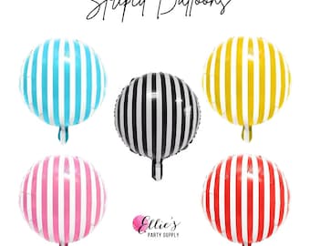 18-inch gestreepte ballon – zwart, blauw, roze, rood of geel | Herbruikbare folieballon met aangepast inzetstuk en hanglabel