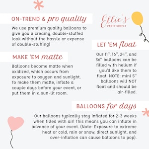 Op de afbeelding: Een roze hartvormige ballon met een zon die erachter schijnt. De tekst luidt "ON-TREND & pro quality" en "MAKE 'EM matte". De tekst luidt ook "Ellie's PARTY SUPPLY" en "LET 'EM float". De tekst luidt ook "BALLOONS for days".