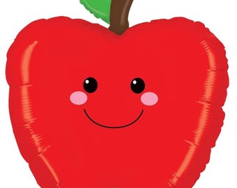 Puede incluir: Un globo rojo con forma de manzana con una cara sonriente, ojos negros y mejillas rosadas. El globo tiene una hoja verde y un tallo marrón. La esquina inferior derecha tiene el logotipo metálico.