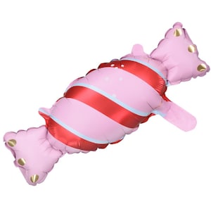 May include: A pink and red striped candy-shaped foil balloon. The balloon is inflated and ready to be used for a party or celebration.
