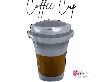 Może przedstawiać: Balon w kształcie kubka do kawy z białą pokrywką i brązowym korpusem, z napisem "Coffee Cup" czarnym skryptem powyżej. Balon ma przypominać kubek do kawy na wynos.