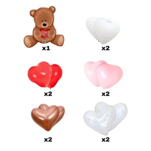 May include: A brown teddy bear holding a red heart that says "I love you". There are also white, red, pink, and gold heart-shaped balloons.
