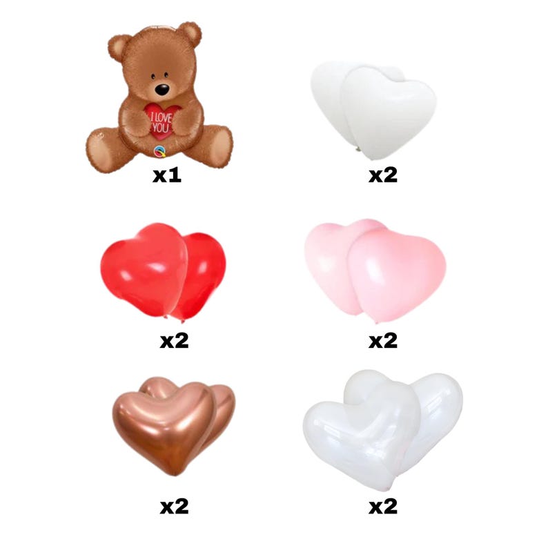 May include: A brown teddy bear holding a red heart that says "I love you". There are also white, red, pink, and gold heart-shaped balloons.