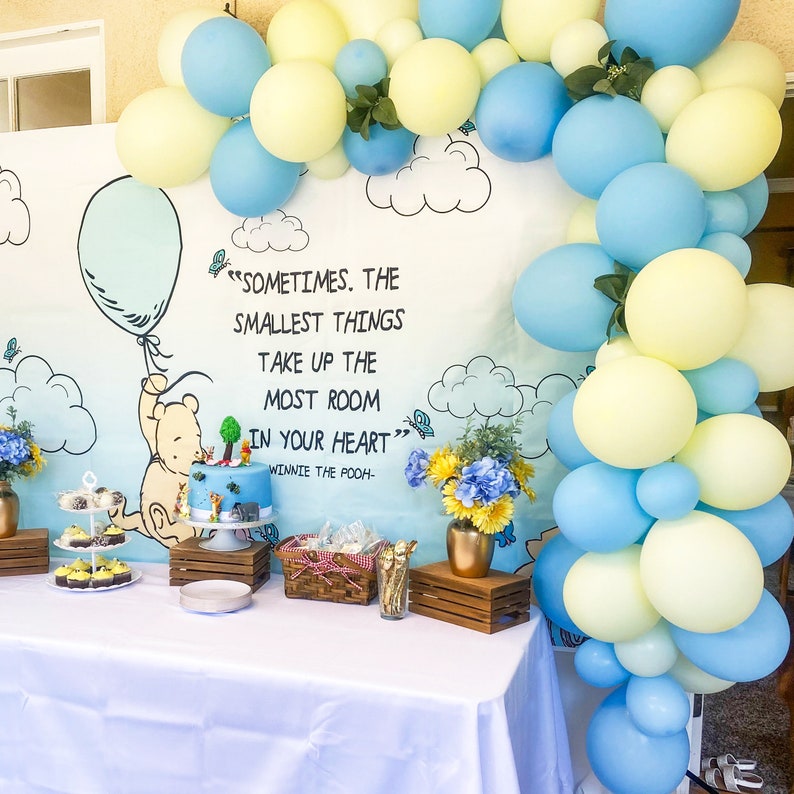 Classic Pooh Balloon Arch Kit BUNDLE, Winnie the Pooh Bear Backdrop Set, Pastel Blue & Yellow Baby Shower First Birthday Balloon Garland image 5