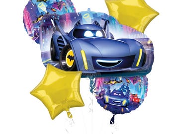 Batwheels Balloon Bouquet: Superhero Birthday Party Decor, 5pc Foil Set