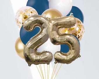 Navy Graduation 2025 Balloon Bouquet, Grad Balloon Pack with 10 Balloons, Navy Blue and Gold School Colors Graduation Party Decorations