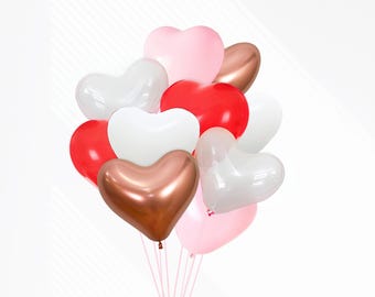 Heart Shaped Balloon Bouquet (10 Pack), DIY Heart Balloon Bouquet Kit, Red, Pink, Rose Gold, & White Heart Balloons, Valentines Party