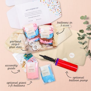 Puede incluir: Una caja llena de un kit de guirnalda de globos, que incluye globos de tres tama&ntilde;os, una tira de guirnalda, puntos de pegamento y una gu&iacute;a de montaje. El kit tambi&eacute;n incluye dos globos gigantes opcionales de 90 cm y una bomba de globos opcional.