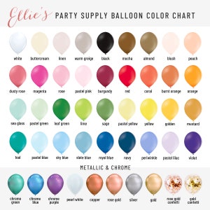 Puede incluir: Una tabla de colores de globos con diferentes colores y nombres. La tabla est&aacute; dividida en tres secciones: colores est&aacute;ndar, colores pastel y colores met&aacute;licos y cromados. La tabla incluye colores como blanco, negro, rojo, azul, verde, amarillo, naranja, rosa, morado y marr&oacute;n. La tabla tambi&eacute;n incluye colores como rosa polvoriento, vidrio de mar, azul aguamarina y lila pastel. La tabla tambi&eacute;n incluye colores met&aacute;licos y cromados como verde cromo, azul cromo, morado cromo, blanco perla, cobre, oro rosa, plata y oro.